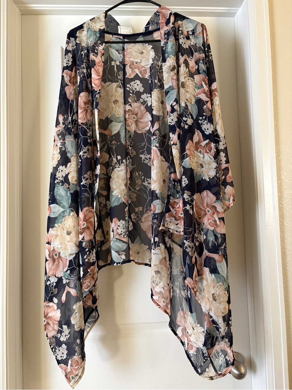 Floral Draped Open-Front Kimono - Navy with Pastel Bloom One Size